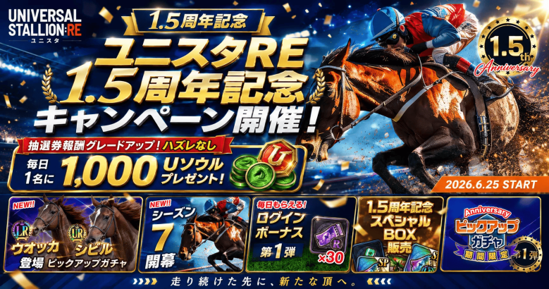 競馬BCG『UNIVERSAL STALLION RE(ユニスタRE)』、サービス開始1.5周年記念キャンペーンを開催！