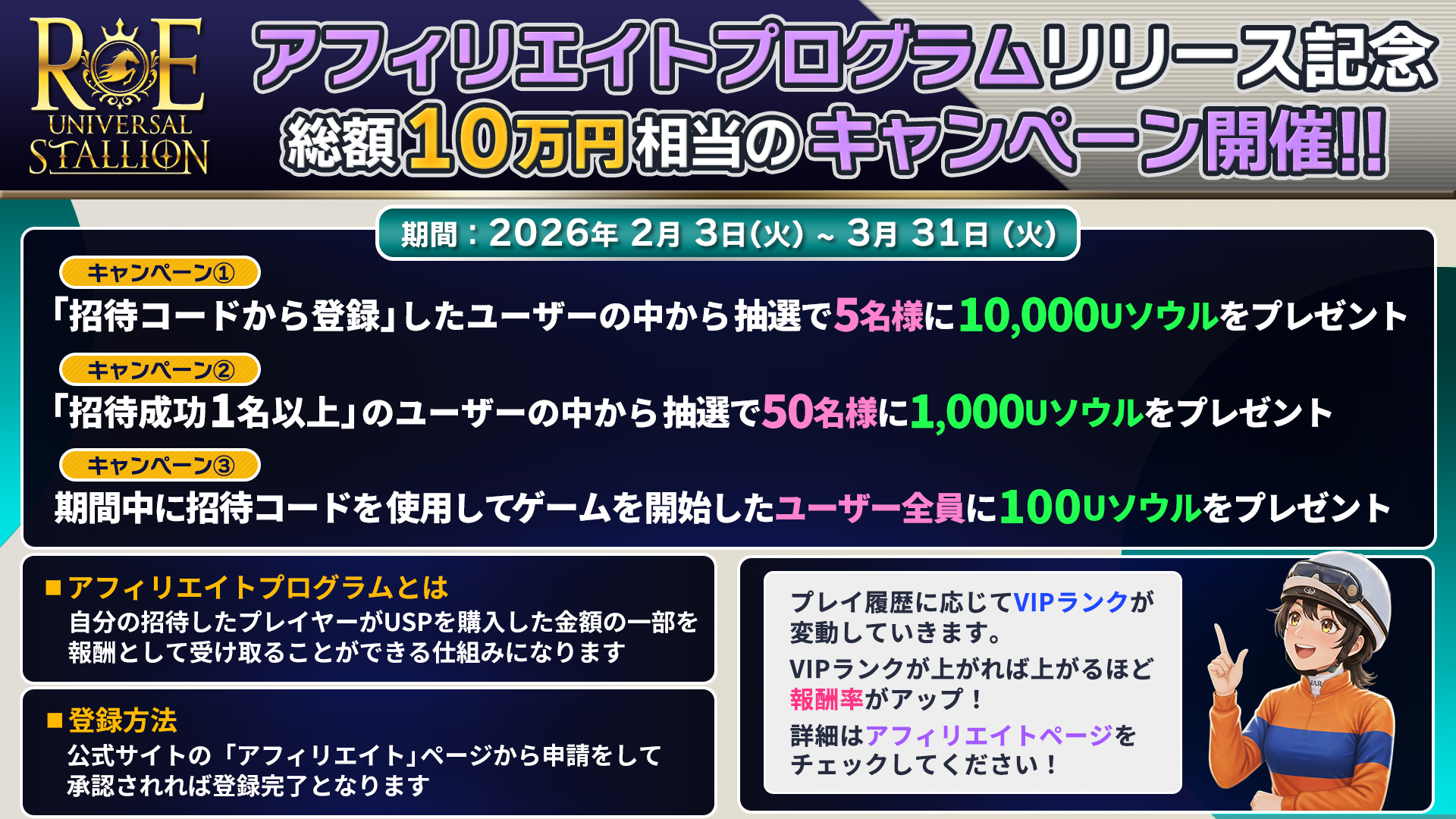 Universal Stallion RE launches affiliate program, offering a total of 100,000 yen in rewards for the commemorative campaign.